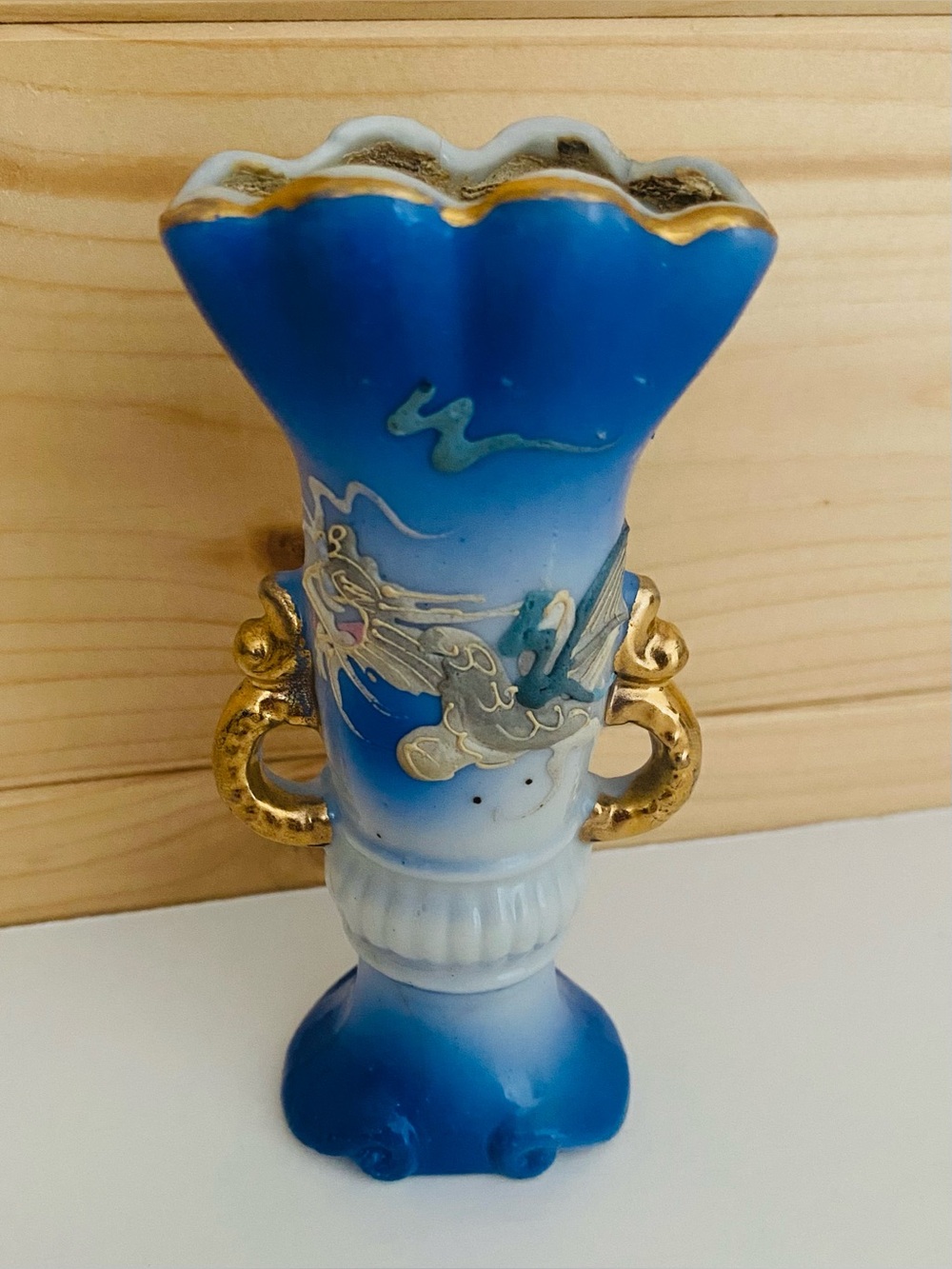 Vintage Japanese Dragonware 4” Mini Vase Urn Gilded Handles Moriage Dragon Blue
